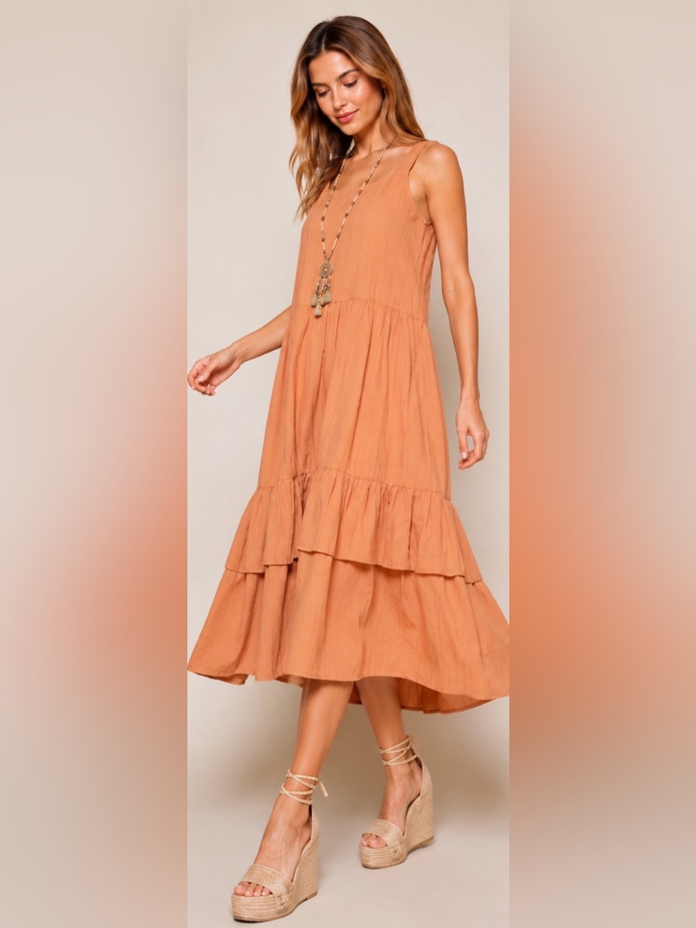 ⭐️Monique Rust/Orange Sleeveless Double Ruffle Dress - Picture 4 of 5